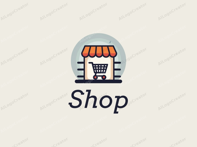 modern design features a stylized shop silhouette, a shopping cart, and shelves, combined with a clean background.