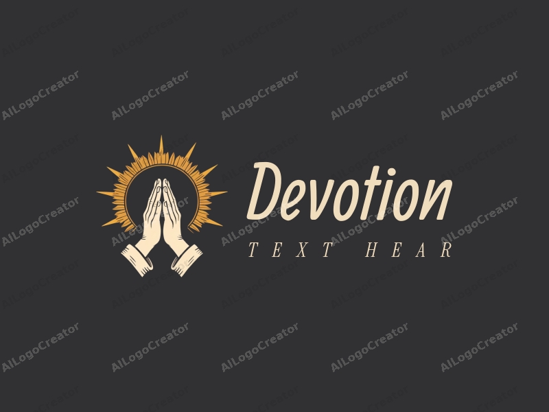 vintage design features a stylized halo above a pair of hands in a prayer position, combined with golden accents and a clean background.