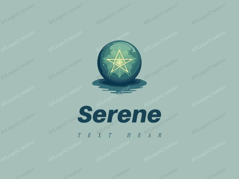 minimalist design features a tranquil magic sphere and a pentagram, combined with blue and green colors, creating a peaceful atmosphere against a clean background.