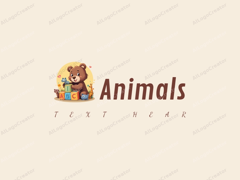 playful design features a stylized bear interacting with colorful ABC blocks, incorporating various animals in a vibrant and engaging scene, combined with a clean background.