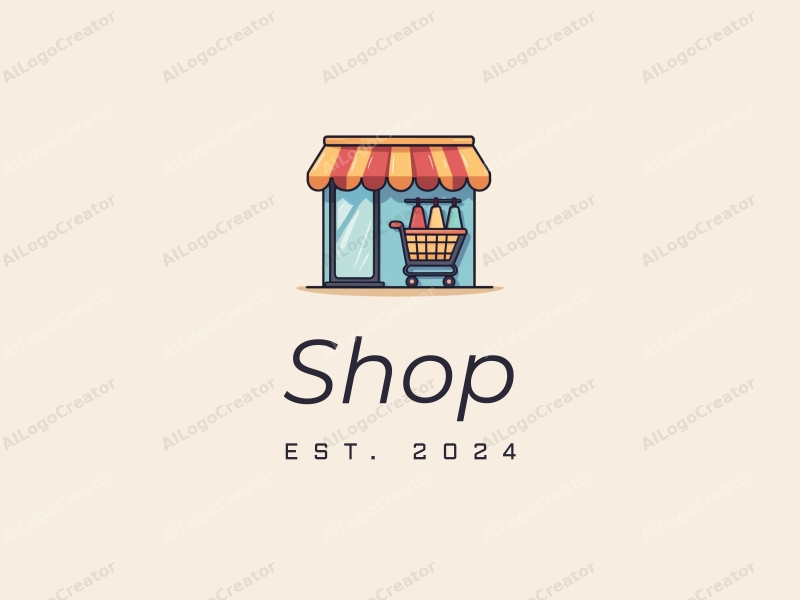 a modern design featuring a stylized shop front, a shopping cart, and merchandise racks, combined with a clean background.