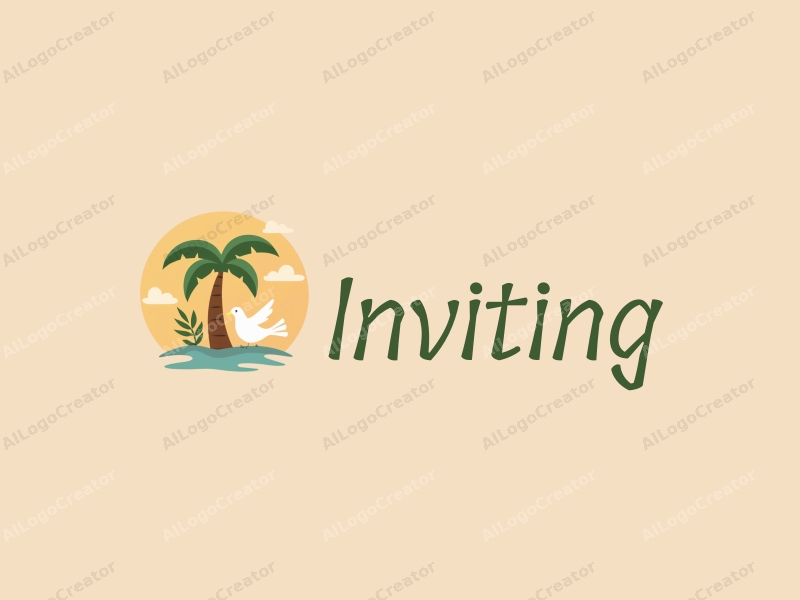 playful design features a stylized palm tree and a dove, combined with elements of invitation and welcome, set against a warm-toned background.