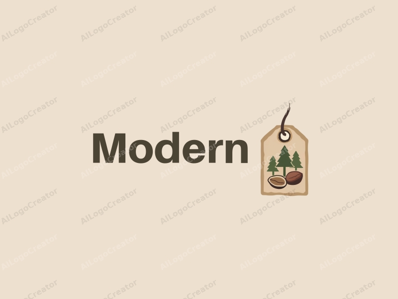 minimalist design features stylized nuts and trees, combined with a tag style approach and a clean background.