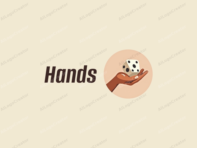 a modern design featuring a hand holding a dice, symbolizing playfulness and creativity, with a skin tone color palette, combined with a clean and simple background.