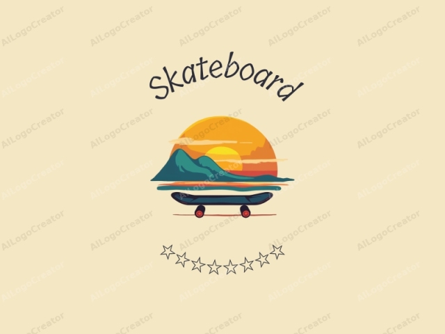 Freundliches Design mit einer lebhaften Skateboard-Silhouette unter einer hellen Sonne, kombiniert mit einem sauberen Hintergrund und einfachen Formen.