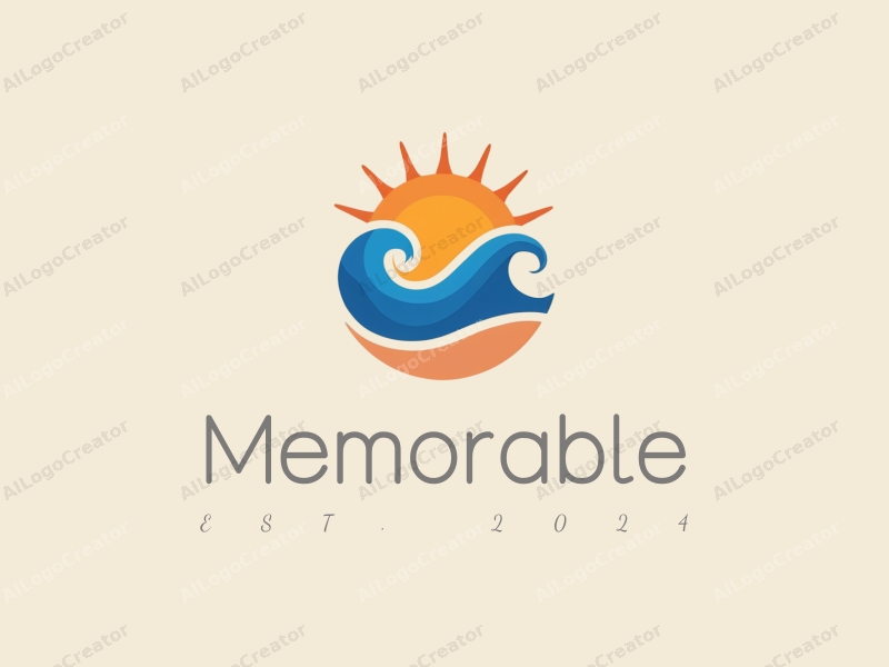 playful design features iconic symbols representing memories, stylized sunshine and waves, combined with a clean background in blue and orange colors.