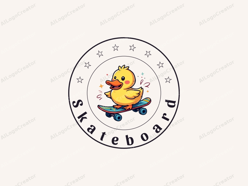 playful design features a vibrant skateboard and a whimsical duck, combined with a clean background and a fun, energetic composition.