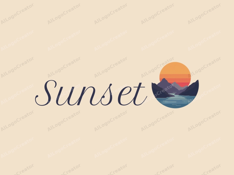 vintage design features a stylized sunset over mountains and ocean, with a harmonious blend of orange and purple colors, creating a clean and simple composition.