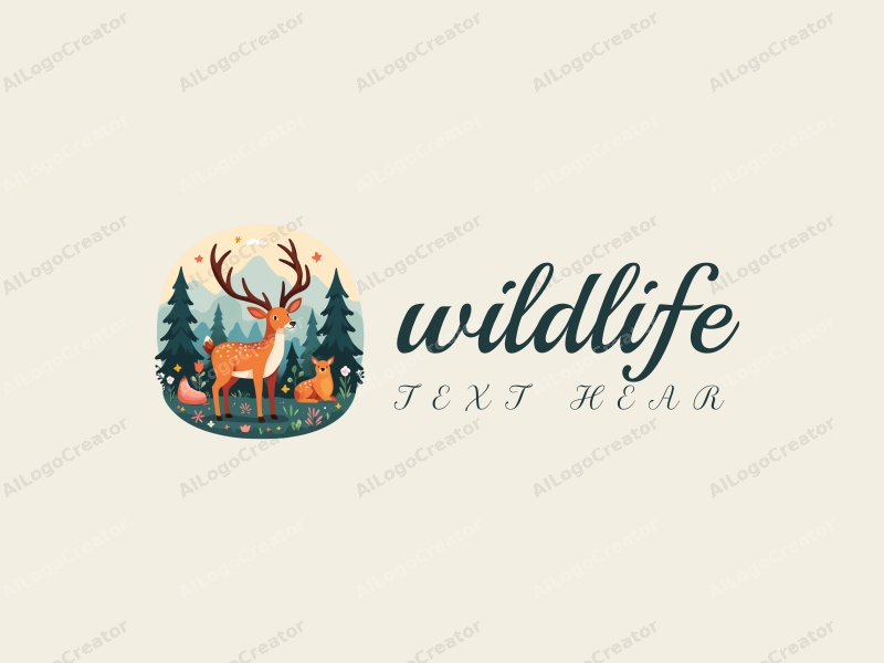 playful design features a stylized deer amidst a vibrant forest, incorporating elements of wildlife and nature, with a clean background and harmonious composition.