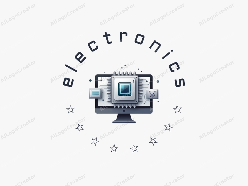 a modern design featuring a stylized chip and monitor, combined with electronic devices, using a silver color palette and a clean background.