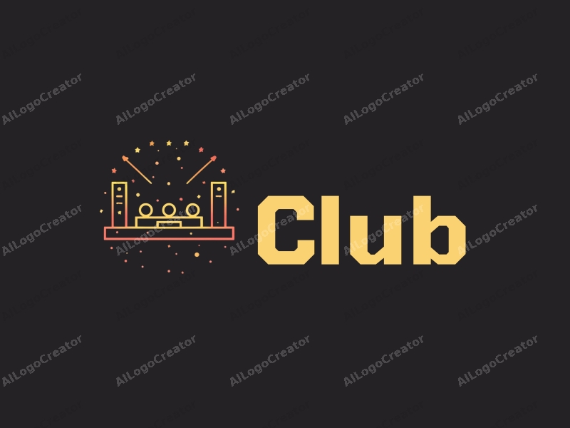 a modern design featuring a stylized club scene with abstract representations of a stage and party elements, combined with a clean black background.