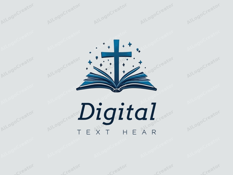 a modern minimalist design featuring digital elements, a stylized cross, and an open book, combined with a clean background in blue and black colors.