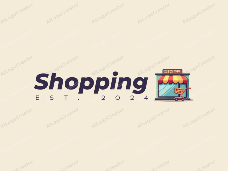 a modern design featuring a colorful shopping cart and a stylized storefront, combined with a clean background and a vibrant mall atmosphere.