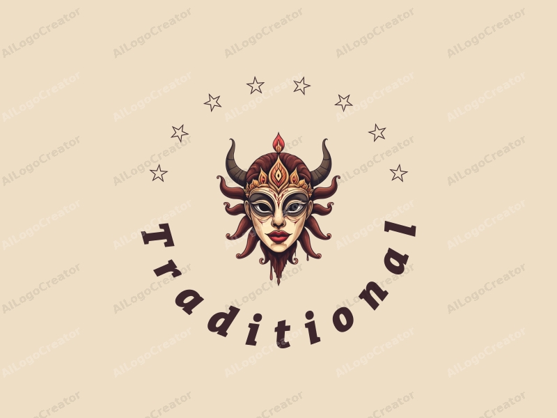 vintage design features traditional masks with subtle blood motifs, incorporating earthy tones of brown and beige, combined with a clean background for a classic and cultural heritage feel.