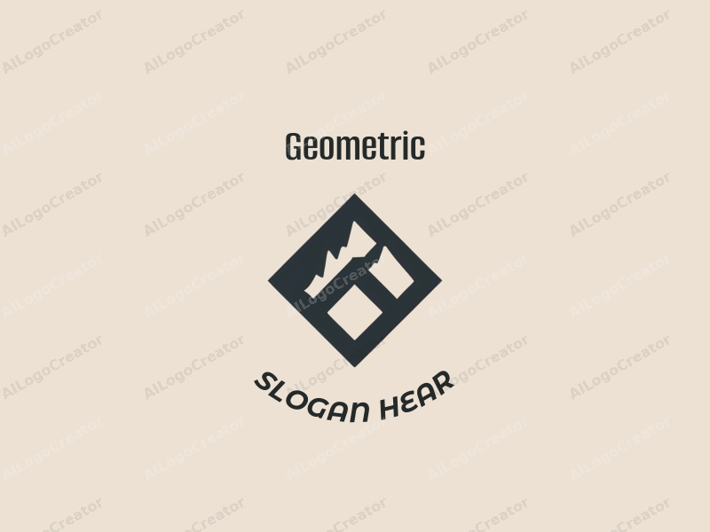 geometric design features a combination of squares and circles, incorporating mountain and shield elements, with a clean and minimalistic approach against a simple background.