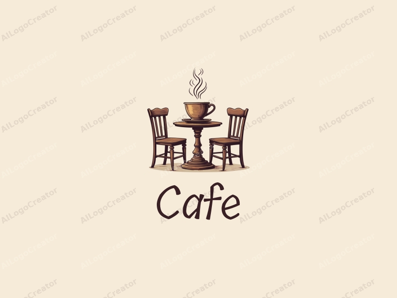 vintage design features a stylized coffee cup, antique table, and chairs, combined with a clean background.