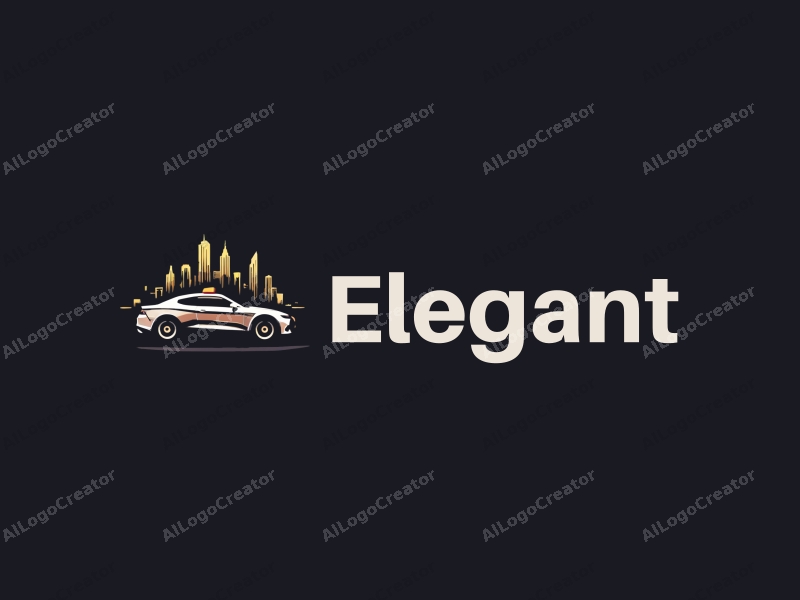 a modern design featuring a sleek city skyline silhouette and a stylized police car, combined with elegant and refined elements, set against a clean black background.