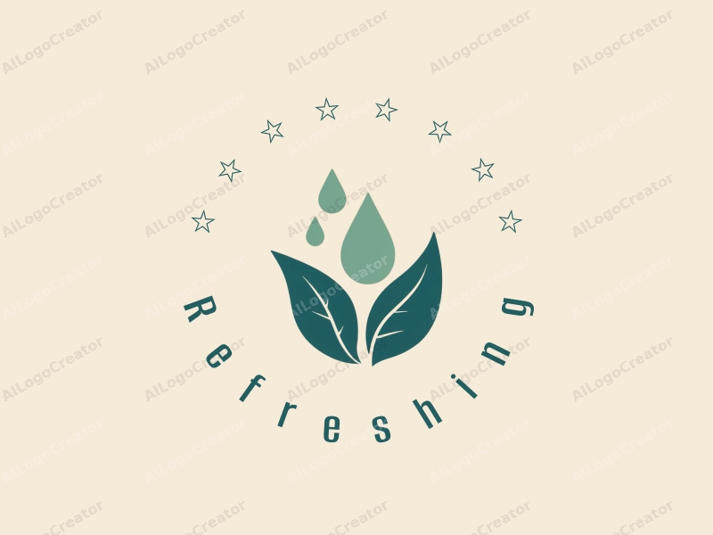 minimalist design features fresh and natural elements, incorporating stylized water droplets and leaves with a clean background.