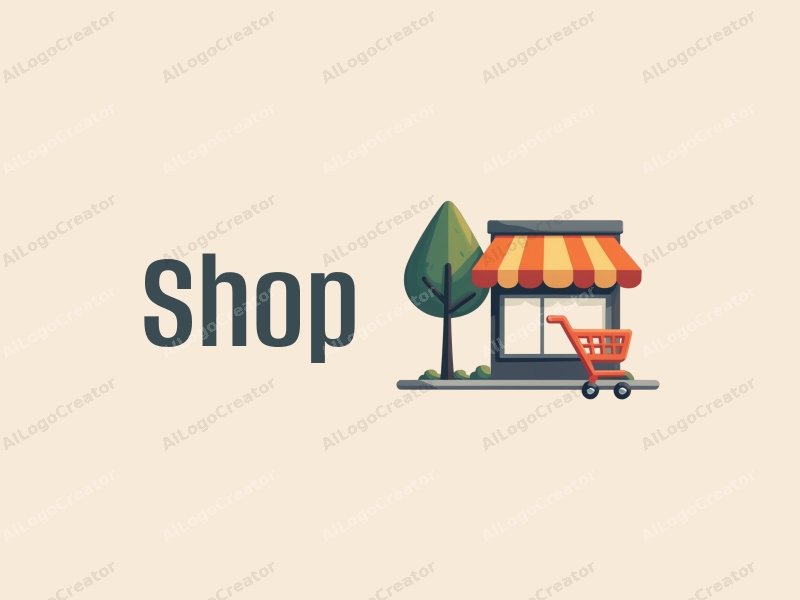 a modern design featuring a stylized shopfront, a tree integrated into the scene, and a shopping cart, combined with a clean background.