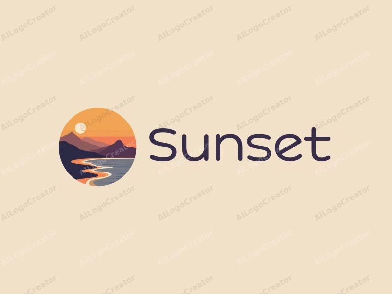 vintage design features a stylized sunset over a beach with mountains in the background, using a harmonious blend of orange and purple colors, combined with a clean and simple composition.