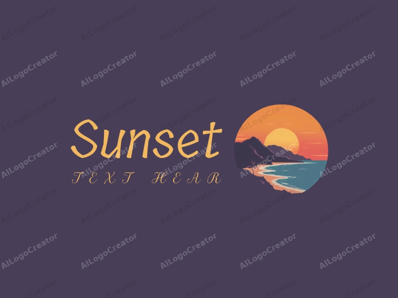 vintage design features a stylized sunset over a coastline with mountains in the background, using a harmonious blend of orange and purple colors, combined with a clean and simple layout.