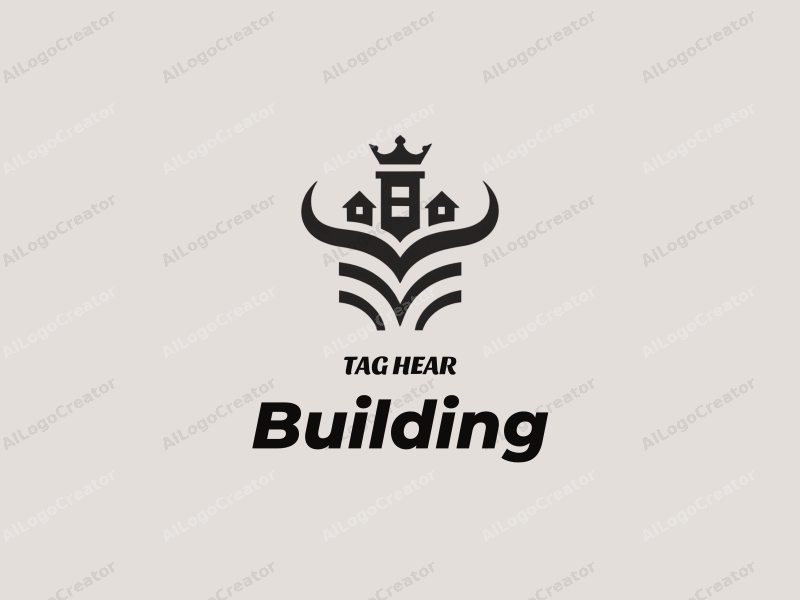 modern design features a stylized building and structure, integrated with a crown and bull motif, combined with a clean gray background.