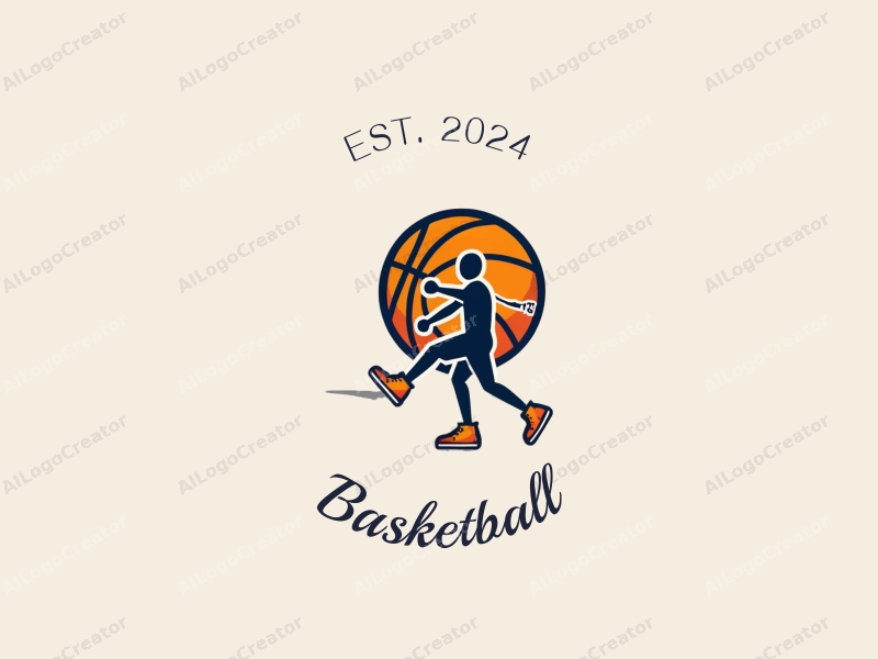 playful design features a stylized basketball, an athlete in motion, and a pair of basketball shoes, combined with a clean background.