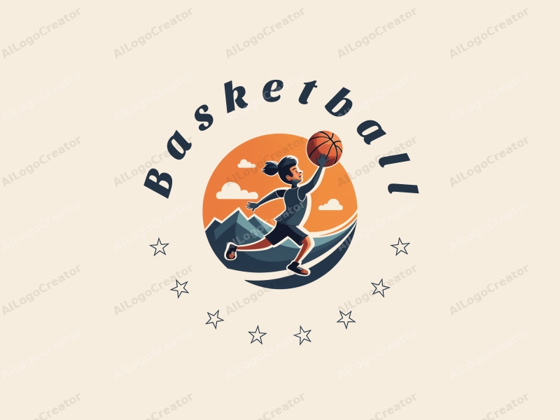 playful design features a stylized basketball, an athlete in motion, and elements of laughter combined with a clean background.