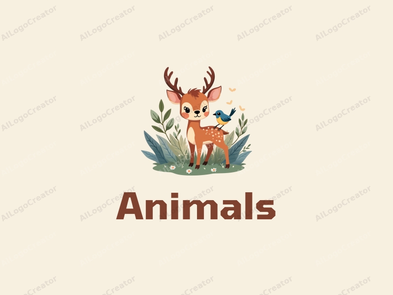 a cute and realistic illustration featuring a fawn and a bird in a vibrant natural setting, showcasing the beauty of wildlife and nature, with a harmonious and clean composition.