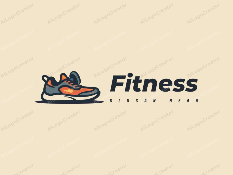 modern design features a stylized dumbbell and running shoes, combined with a clean background and a minimalist approach.