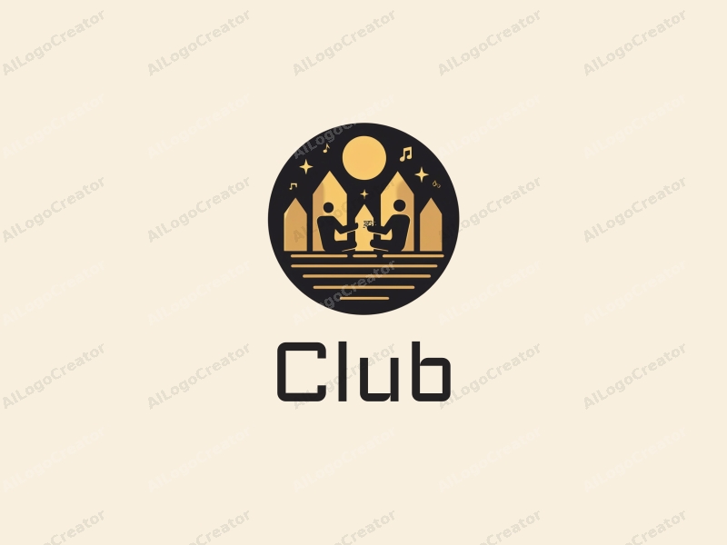 a modern minimalist design featuring abstract representations of a club scene, social elements, and musical notes, combined with a clean black and gold color scheme.