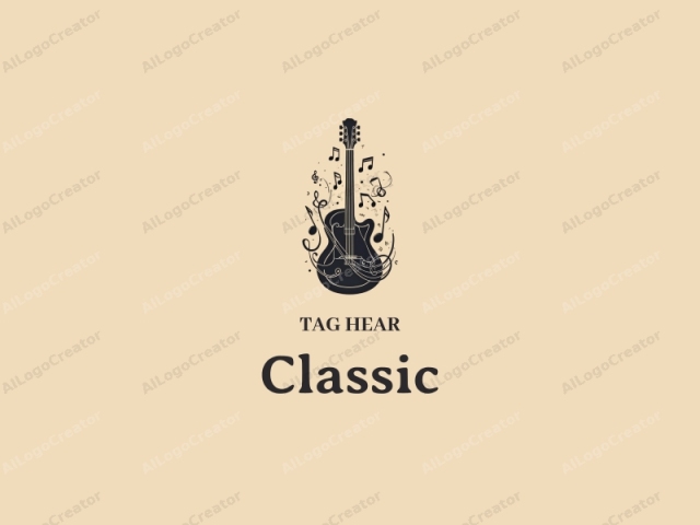 Ein Vintage-Design zeichnet sich durch eine klassische Gitarrensilhouette aus, die mit musikalischen Noten verflochten ist, unter Verwendung von dunklen und neutralen Farben, kombiniert mit einem sauberen und harmonischen Hintergrund.