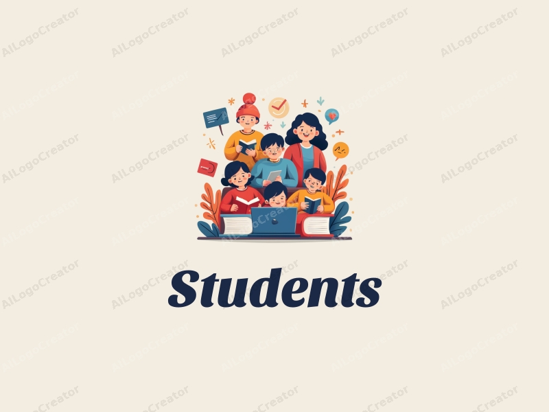 playful design features vibrant colors, stylized students and school elements, books and computers integrated in a harmonious composition with a clean background.