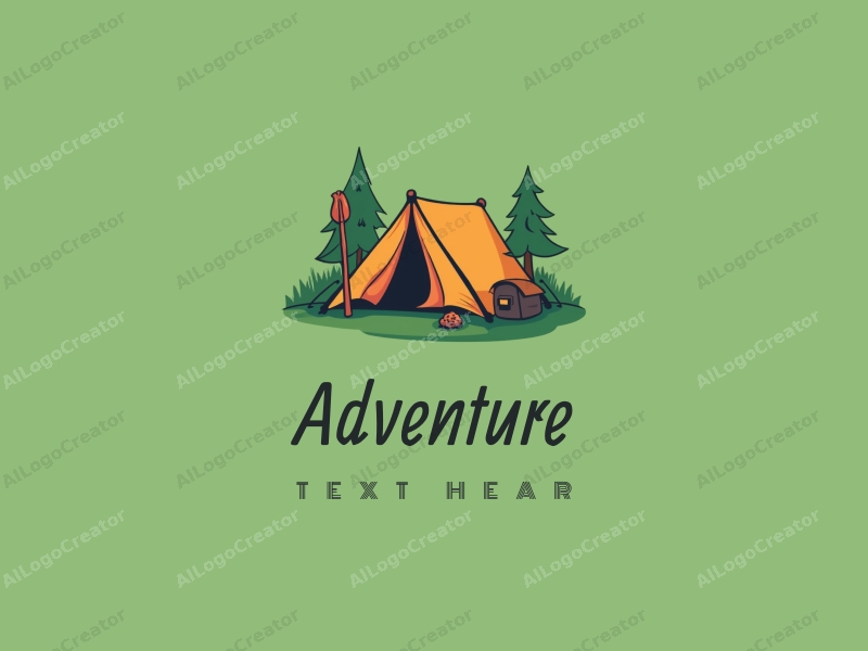 playful design features a stylized tent and hiking stick, combined with elements of adventure and exploration, set against a clean green background.