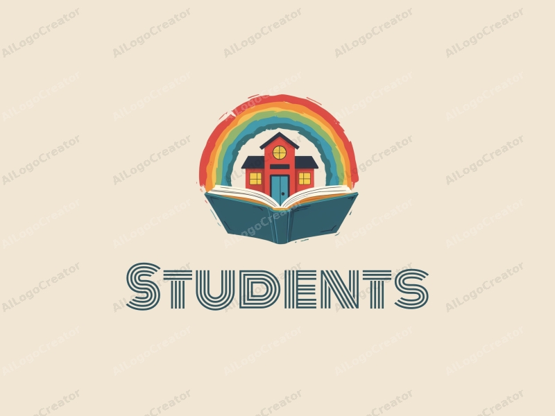 playful design features a cheerful student character, a stylized school building, an open book, and a vibrant rainbow, combined with a clean background.