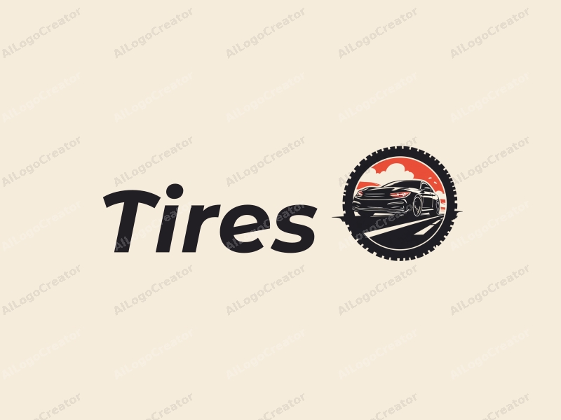 a modern design featuring a stylized tire and car silhouette, emphasizing speed with dynamic lines and a clean background.