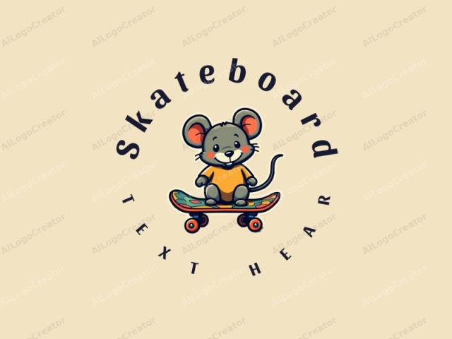 diseño lúdico que presenta una patineta vibrante y un ratón estilizado, combinado con un fondo limpio y una composición divertida y enérgica.