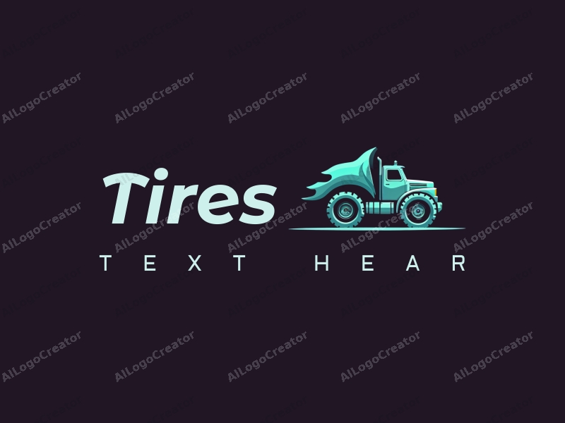 a modern design featuring a stylized tire and truck silhouette, combined with a teal cloak element, set against a clean black background.