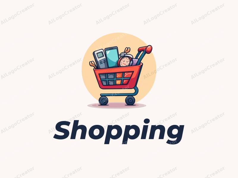 a modern design featuring a colorful shopping cart filled with electronic products, set against a stylized shopping mall background, emphasizing simplicity and harmony in composition.