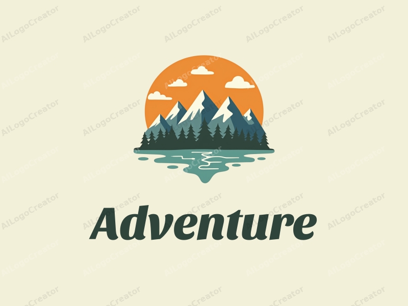 playful design features stylized mountains and a map, incorporating adventure elements with a clean background.