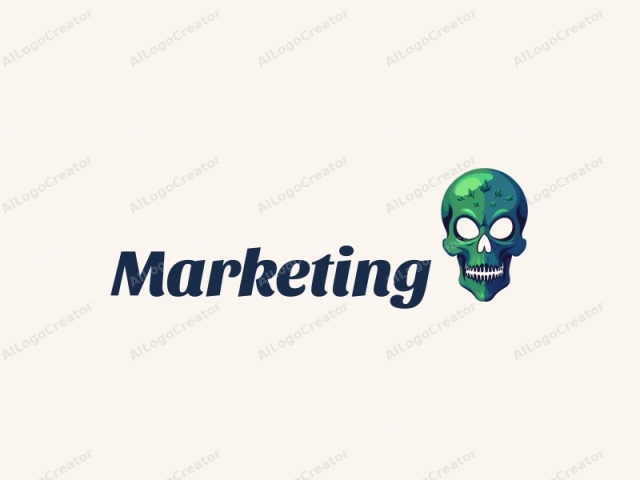 diseño moderno que presenta una calavera estilizada integrada con elementos deportivos, que representa el marketing y la estrategia de mercado, utilizando una paleta de colores azul y verde combinada con un fondo limpio.