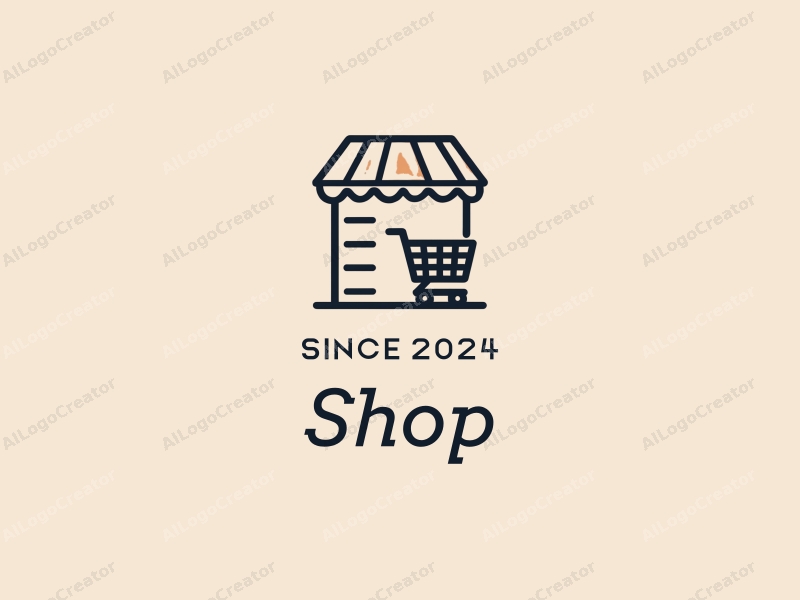 modern design features a stylized shop silhouette, a shopping cart, and shelves, combined with a clean background.