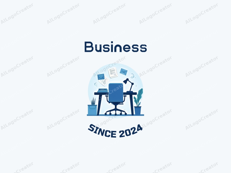 modern design features a stylized office scene with a desk and chair, documents scattered, using a clean and simple approach combined with a blue color palette.