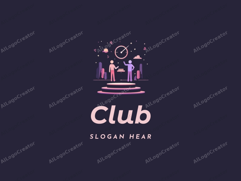 a modern minimalist design featuring a stylized club scene with abstract representations of social connections and a stage, combined with a clean black and purple background.