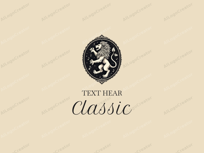 vintage design features a stylized lion intertwined with musical notes, incorporating classic and traditional elements, set against a clean, dark background.