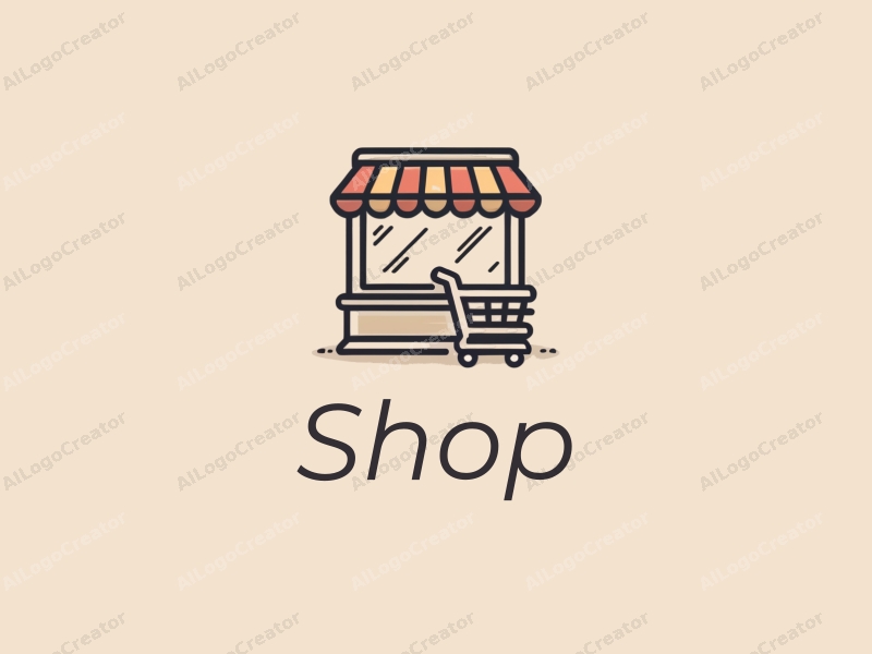 modern design features a stylized shop silhouette, a sleek display cabinet, and a shopping cart, combined with a clean background.