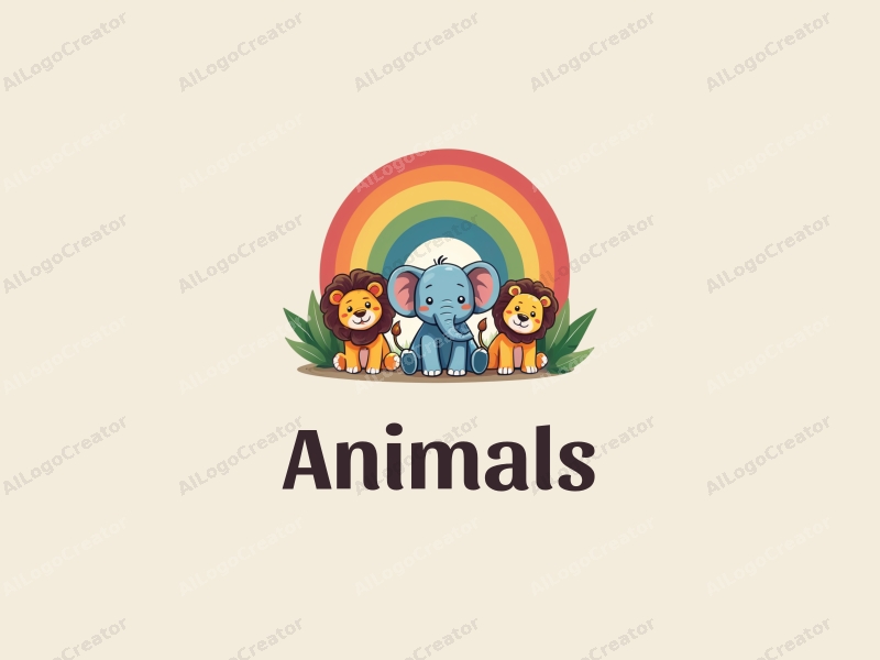 playful design features a small elephant under a vibrant rainbow, surrounded by various wild animals, using a colorful palette and a clean background.