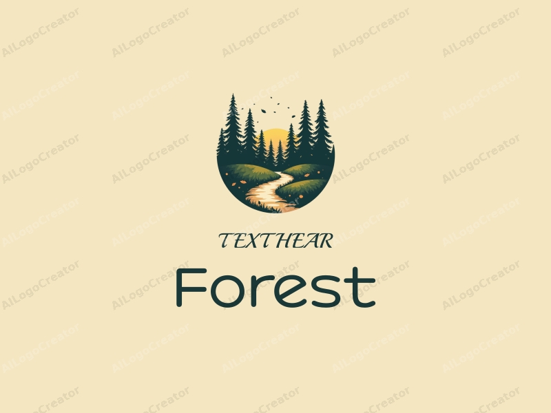 vintage design features a serene forest landscape with stylized trees, scattered leaves, and a winding pathway, combined with a clean background.