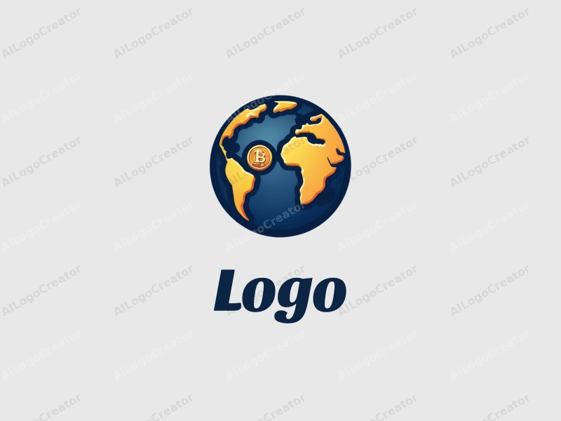 a modern minimalist design featuring golden coins and a stylized world map, combined with a clean blue and black background.