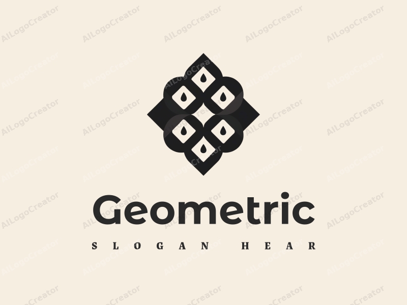 geometric design features a harmonious combination of squares and circles, incorporating a stylized structure and water droplet elements, with a clean black and white background.